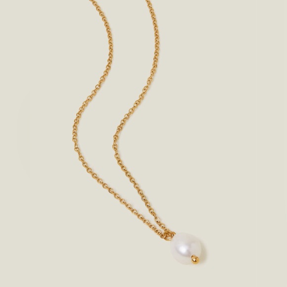 FASHION JEWELRY NECKLACE WITH TEAR DROP PEARL PENDANT STAINLESS STEEL GOLD COLOR - Picture 3 of 5